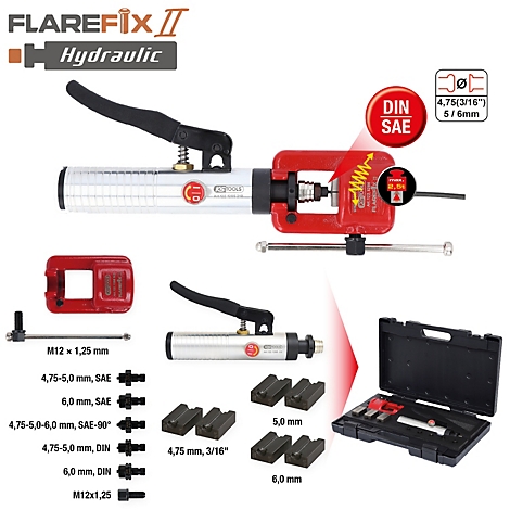 Ein hydraulisches Bördelgerät mit Zubehör. Die Komponenten sind auf weißem Hintergrund angeordnet.